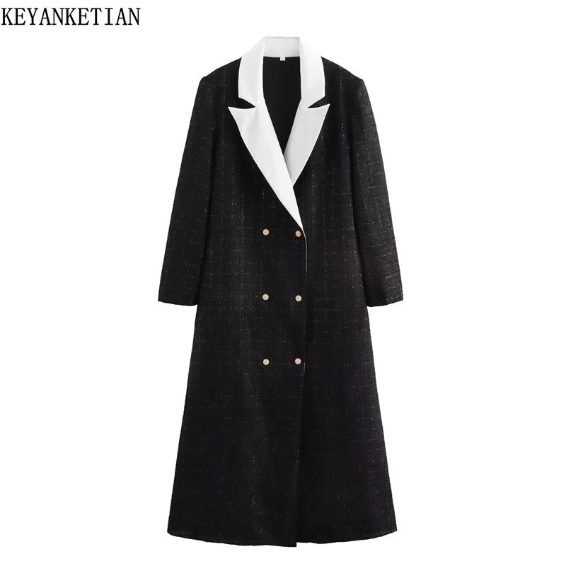 KEYANKETIAN Winter New Women Tweed Texture Plaid Long Trench Coat Office Lady Patchwork Notched Collar Single Breasted Greatcoat