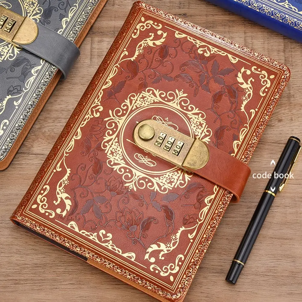 PU Leather A5 Journal Notebook Embossed Design Hard Cover Personal Planner Organizers Combination Lock Ruled Lined Paper