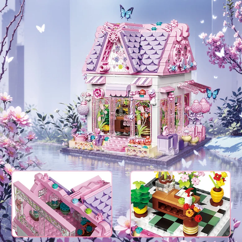 City Street View Romance Pink Flower House Building Blocks Architettura europea Cottage Modello Giocattoli Regali di compleanno per ragazze