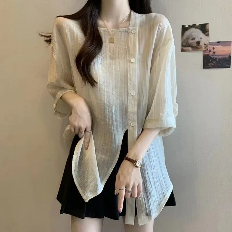 

Женская свободная рубашка с защитой от солнца, асимметричный подол, полупрозрачная текстурированная блузка больших размеров в корейском стиле, повседневный топ