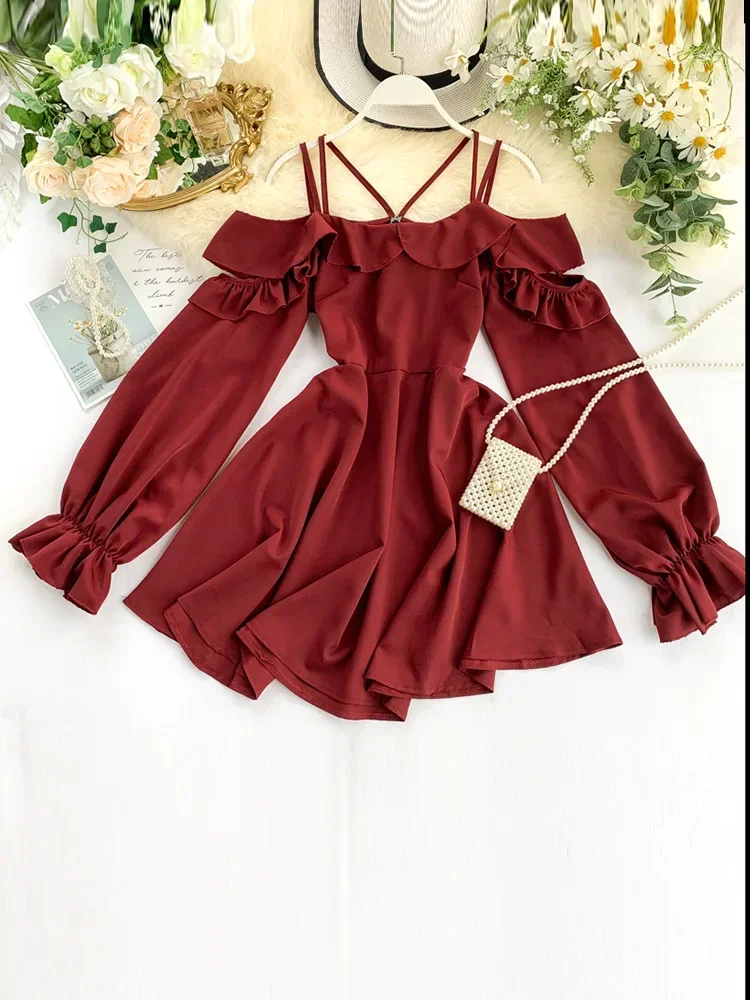 Women\'s Spring Summer New Dress Hollow Shoulder Ruffled Puff Sleeve A-line Dress Women Empire Slash Neck Short Dress ML733