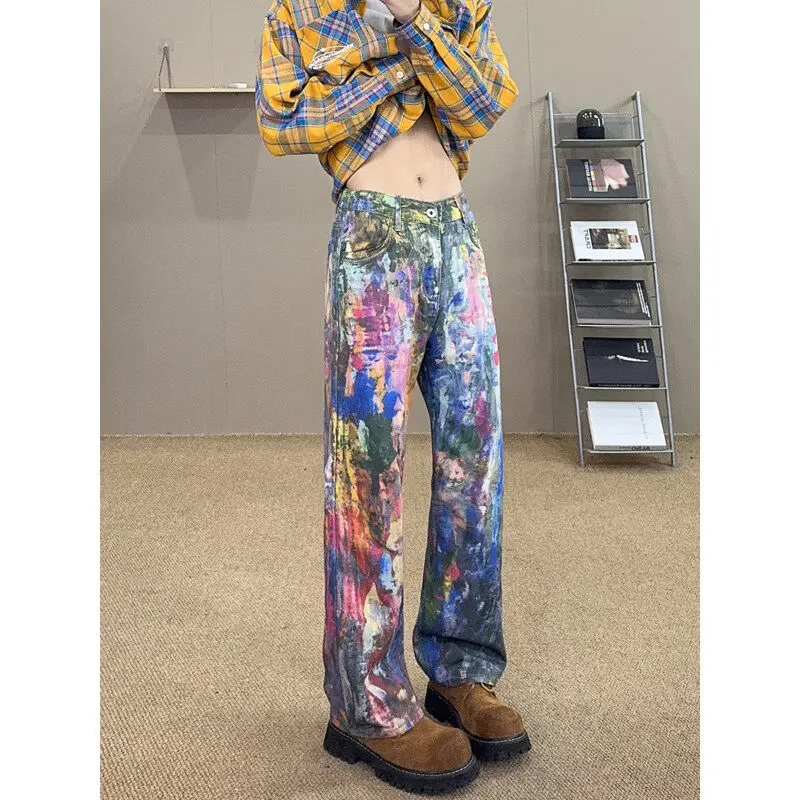 

Джинсы с американским принтом в стиле ретро, мужские и женские узкие прямые леггинсы fiti High Street, молодежная мода