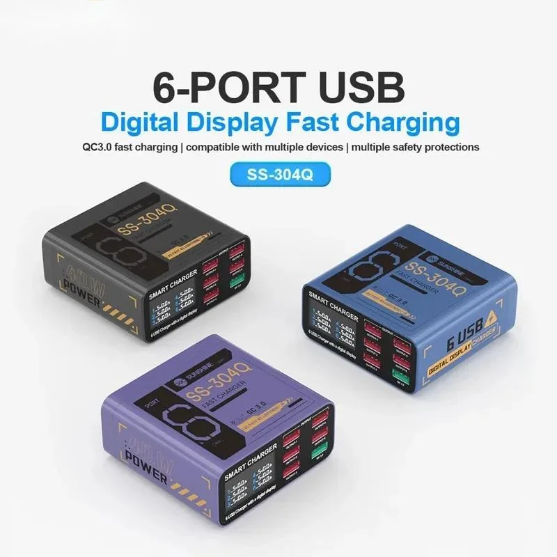 

Зарядная станция SUNSHINE SS-304Q с 6 портами, интеллектуальная быстрая зарядка для мобильных телефонов и планшетов, QC3.0, с цифровым LCD-дисплеем