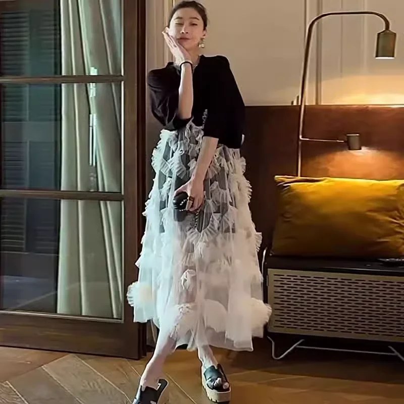 ปลอมสองชิ้นชุดฤดูใบไม้ผลิ/ฤดูร้อน 2025 ผู้หญิงผ้ากอซเย็บแขนสั้นเสื้อยืดกระโปรง