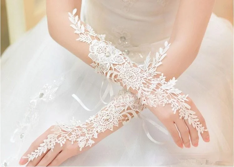 New Bridal Gloves Hot Sale High Quality Iovry Fingerless Elbow Length Lace Beaded Bridal Wedding Gloves Bride Glove