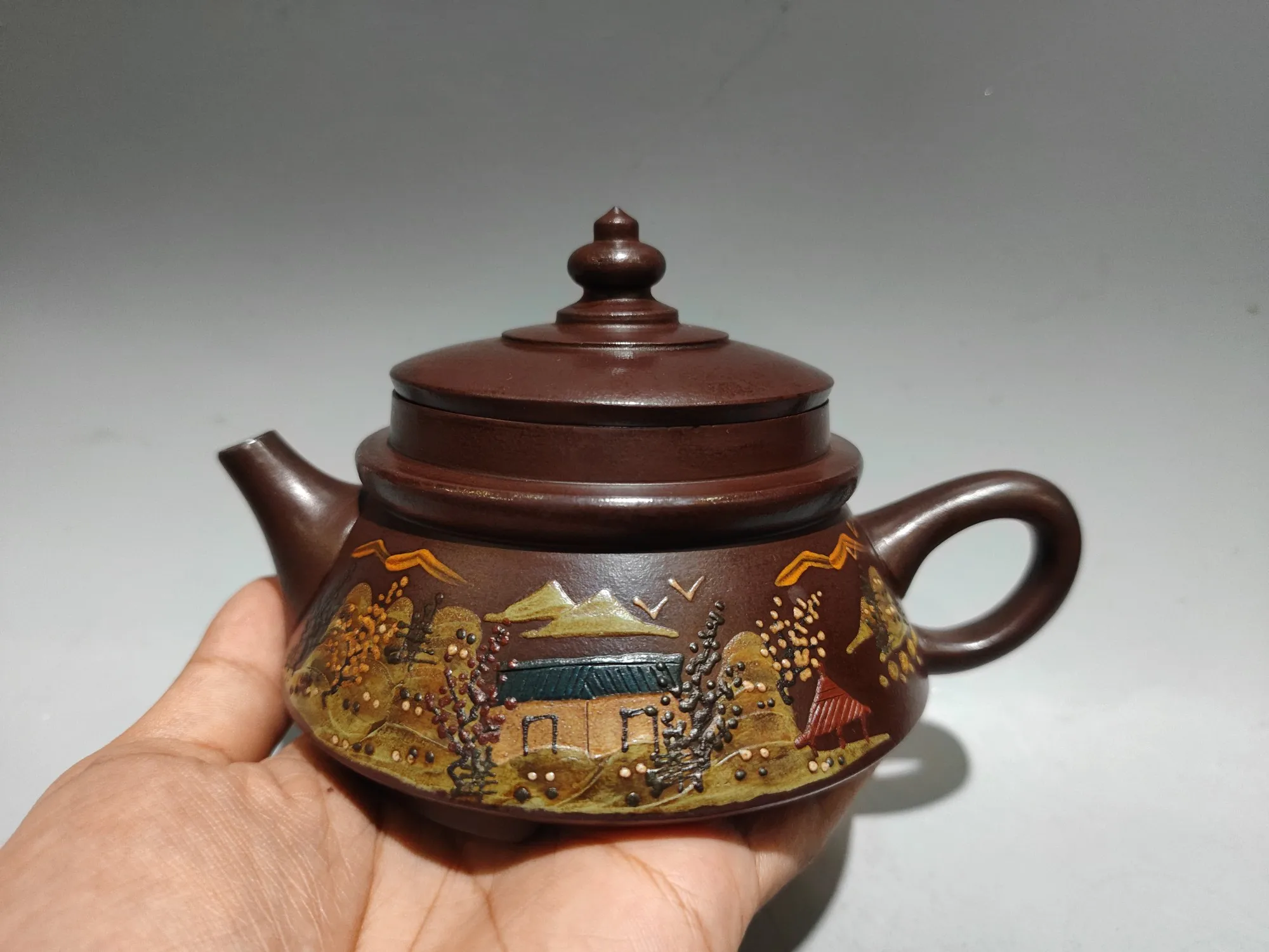 Tetera china Yixing de arcilla púrpura de 6 ", patrón de paisaje, tetera en forma de templo del cielo, tetera para ceremonia del té, adornos para hervidor