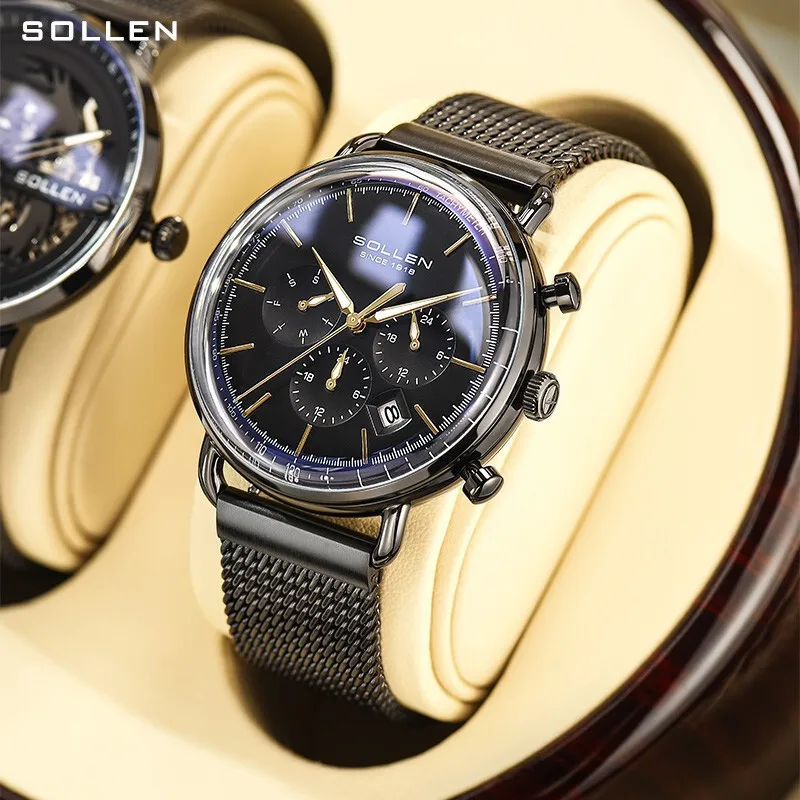 SOLLEN الفاخرة المستوردة ميوتا كوارتز ساعة يد تعمل بالحركة للرجال الراقية 316L الفولاذ المقاوم للصدأ تاريخ موضة ساعات رجالي Relogio