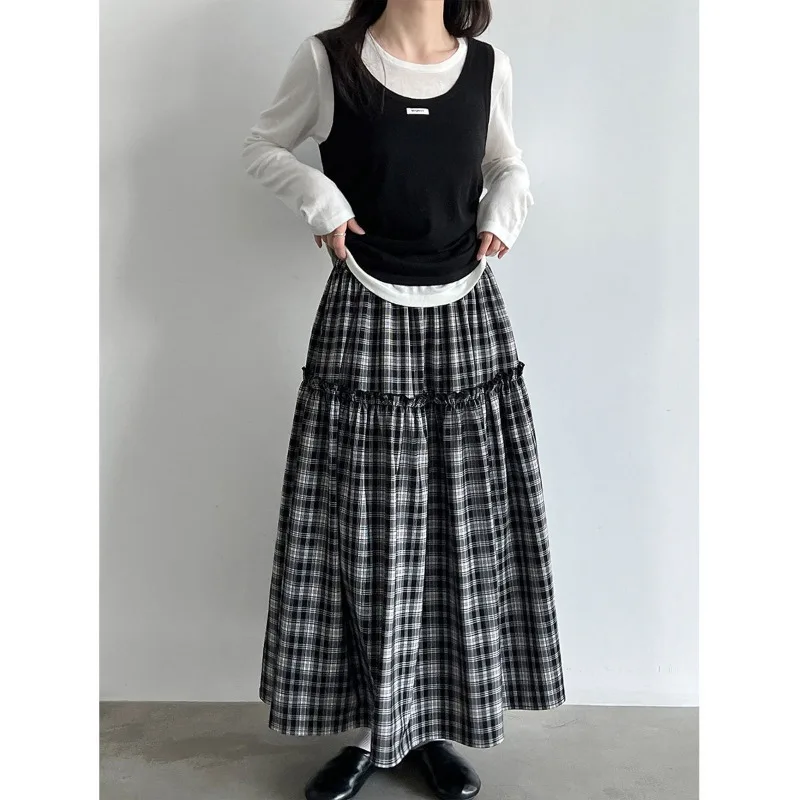 Korean Style Vintage Fashion Plaid A-Line Maxi Skirt Women Fall Winter High Waist Ruffle Casual Office Commute Preppy Long Skirt
