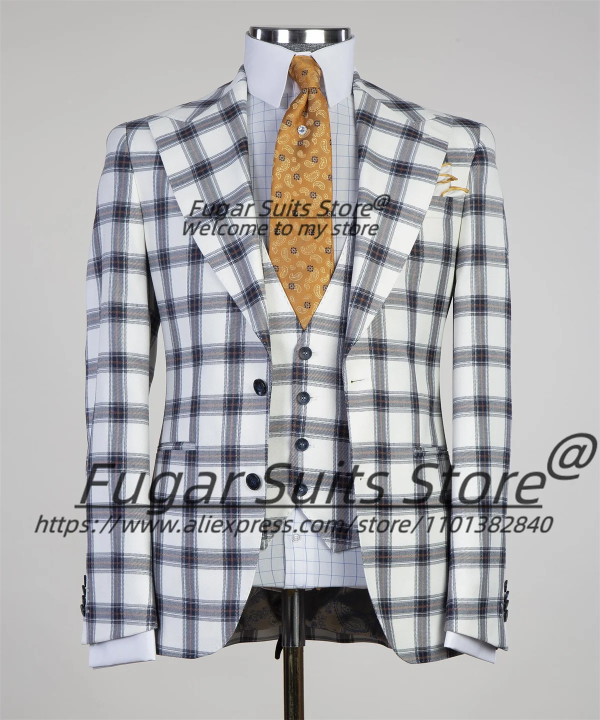 

French style Formal Banquet Men Suits Slim Fit Plaid Peak Lapel Groom Tuxedos3Pcs Sets Office Work Male Blazers Prom Ropa Hombre