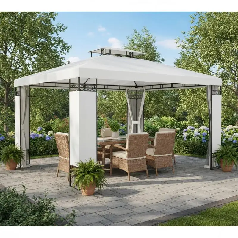 

13' x 10' Patio Gazebo Outdoor Canopy Shelter w/ Double Vented Roof, Cream White