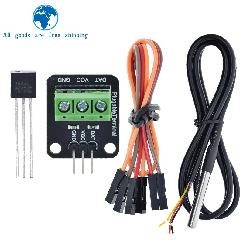 TZT DS18B20 DS1820 Temperature Sensor Module Waterproof 100CM Digital Sensor Cable Stainless Steel Probe Terminal Adapter