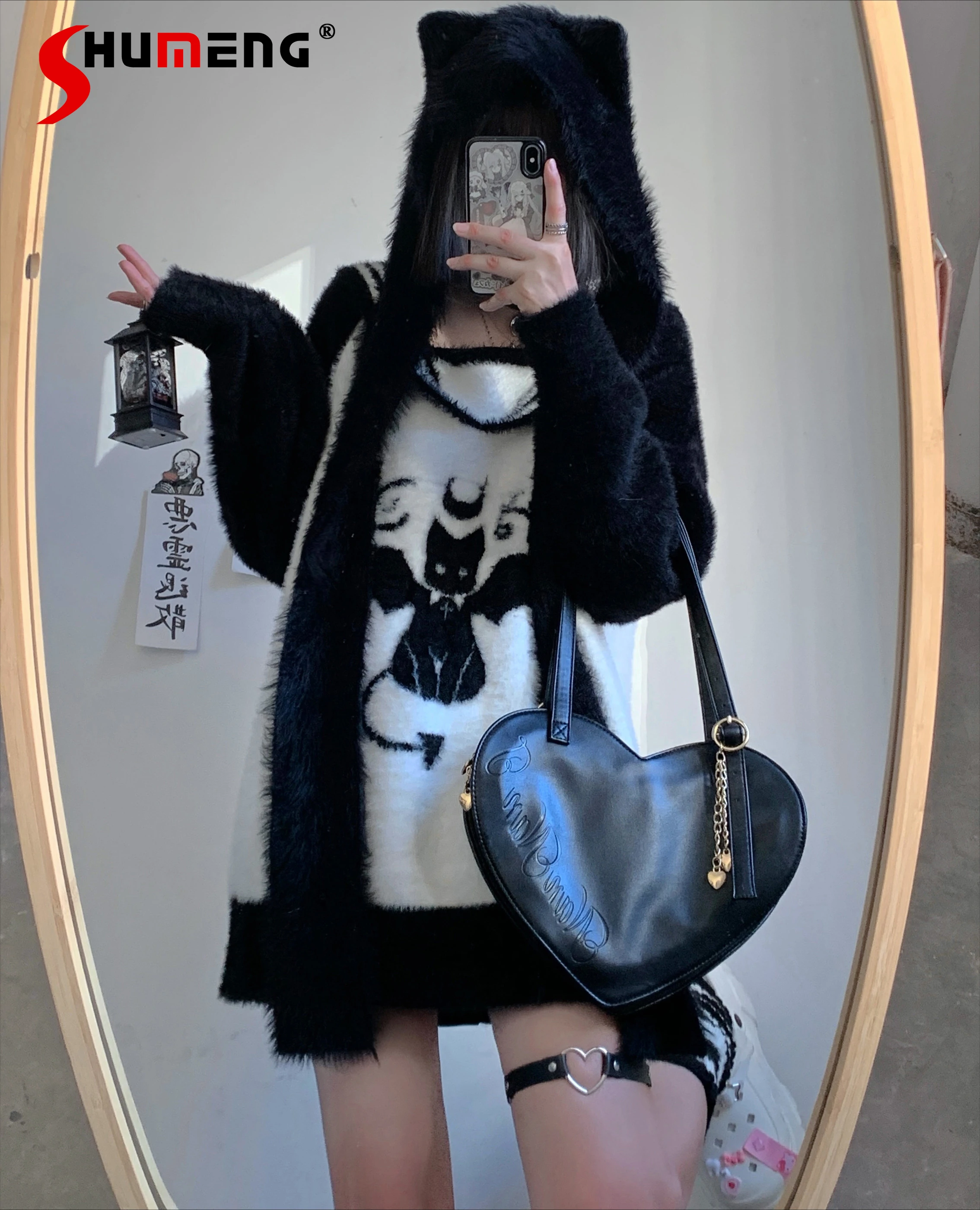 Autumn Winter Fashion Imitation Mink Sailor Collar Bat Jacquard Knitted Pullovers Female Loose Goth Harajuku Aesthetic Sweaters