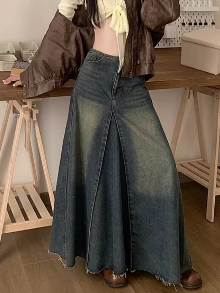 Maxi Long Skirts Women England Style Vintage Autumn Winter High Waist Jean Skirt Ladies A-Line Ruffle Pleated Denim Skirt