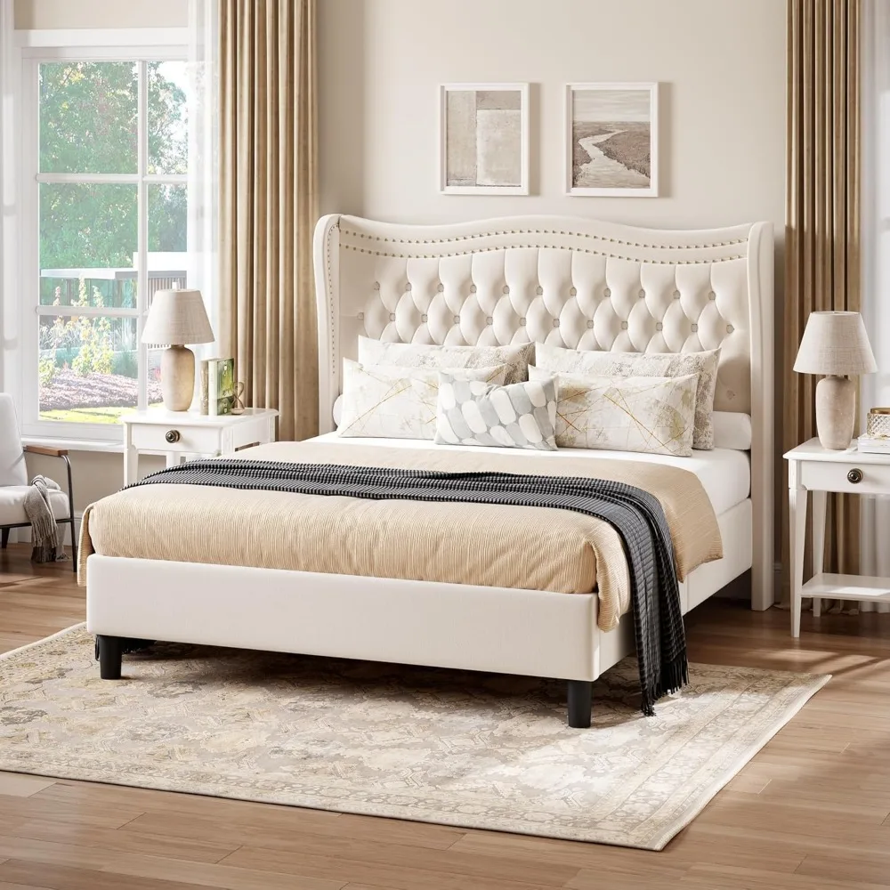 إطار سرير منجد بالحجم الكامل مع لوح رأسي طويل، إطار سرير بمنصة جناح مخملية مع زر عميق معنقدة، بدون صندوق زنبركي N #3