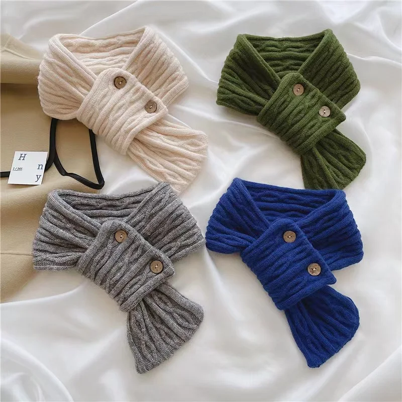 Korean Lady Women Girls Buttons Knitted Cross Scarf Autumn Winter Solid Color Soft Warm Scarves Versatile Neck Protection Gifts