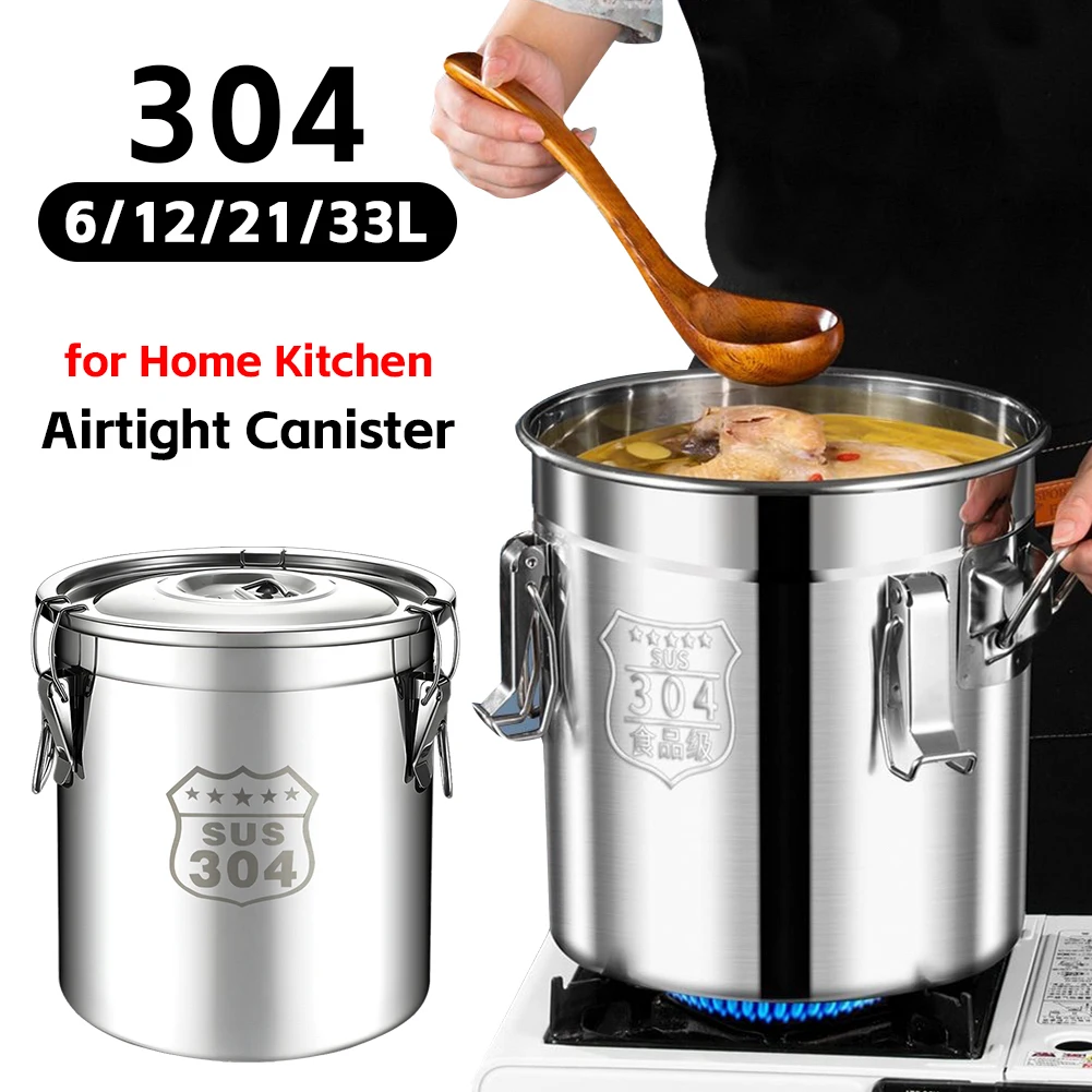 6/12/21/33L 304 Stainless Steel Kitchen Canister with Seal Lid Food Oil Sugar Milk Storage Bucket with Handles for Home Kitchen