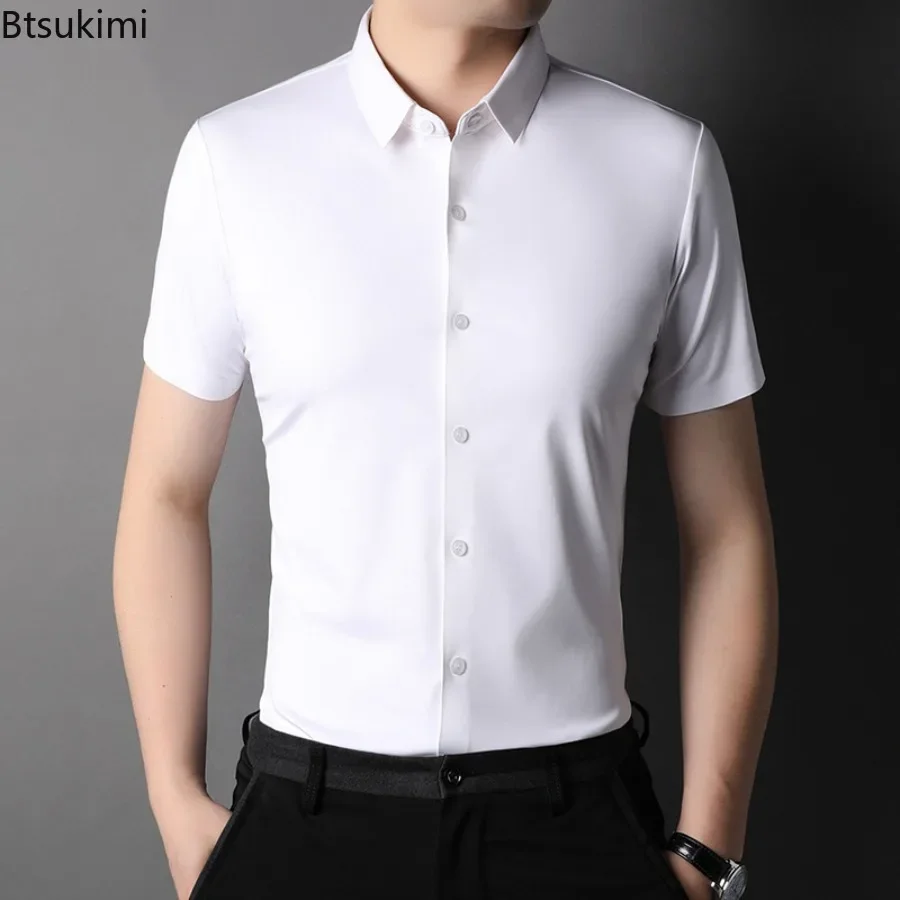 

Summer New Men's Non-ironing Solid Dress Shirts Business Casual Short Sleeve Formal Shirt Men Comfy Ice Silk High Elastic Blouse