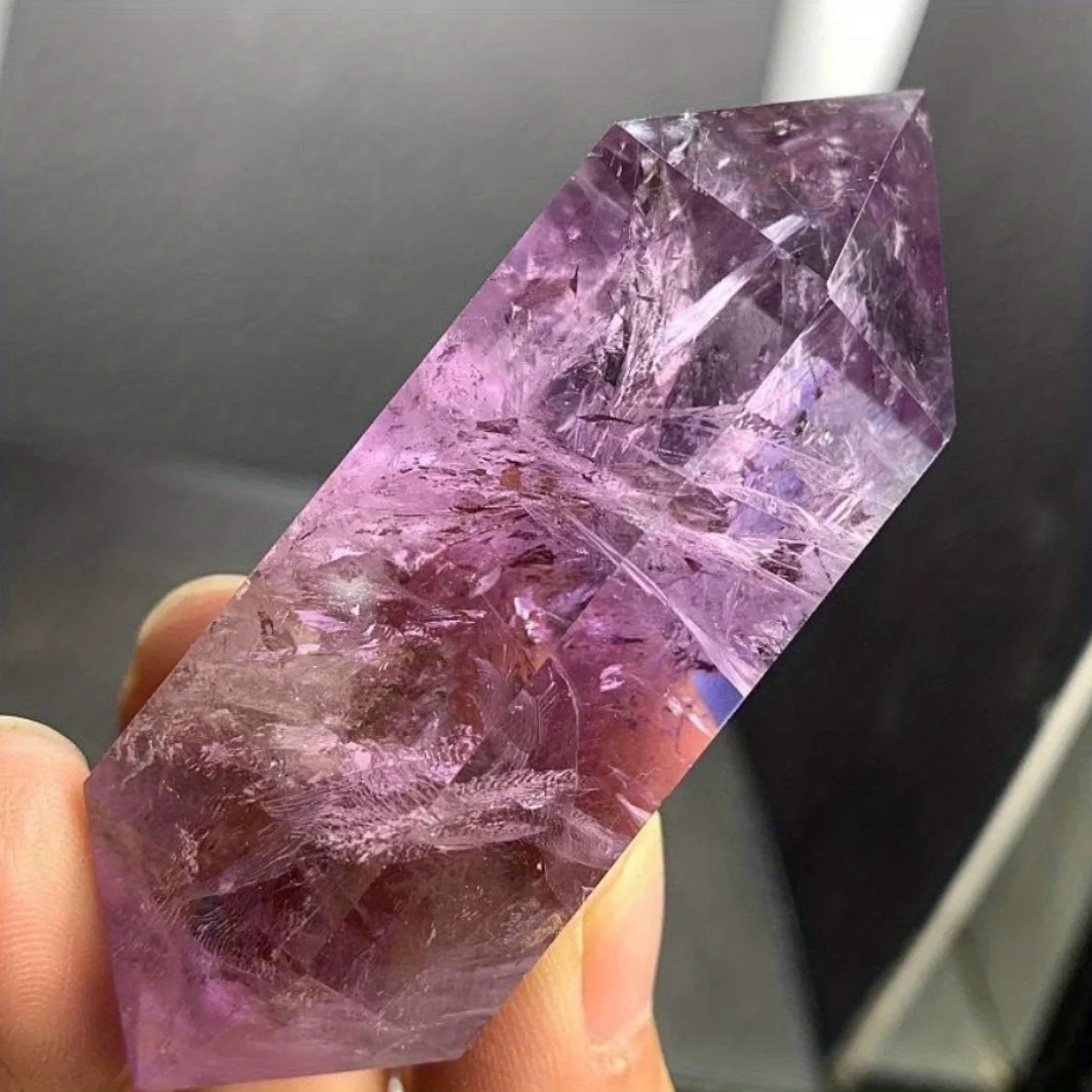 One natural deep purple to violet hexagonal prism crystal pillar - a natural deep purple/violet double