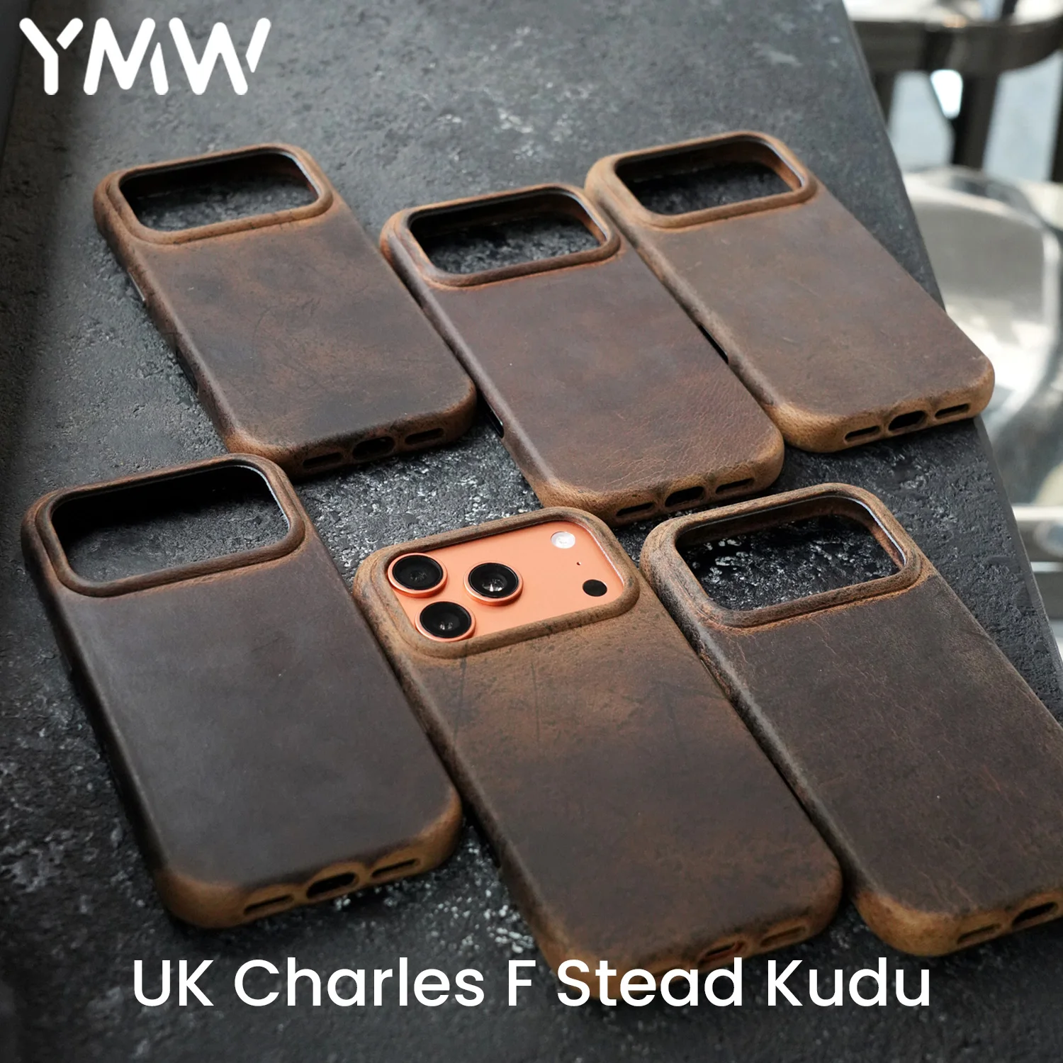 Funda de Cuero Genuino Encerado Kudu YMW Charles F Stead para iPhone 17 Pro / 17 Pro Max, Funda de Teléfono Hecha a Mano de Cuero Genuino de Lujo