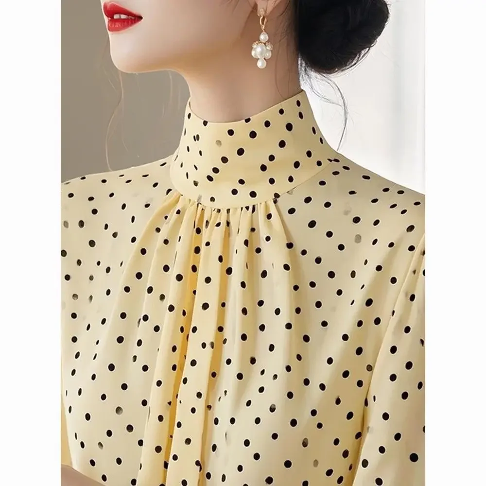 

New Spring Summer Fashionable Polka Dot Half Height Collar Long Sleeve Blouse Ladies Fashion Printing Pullover Shirts Tops XQ53
