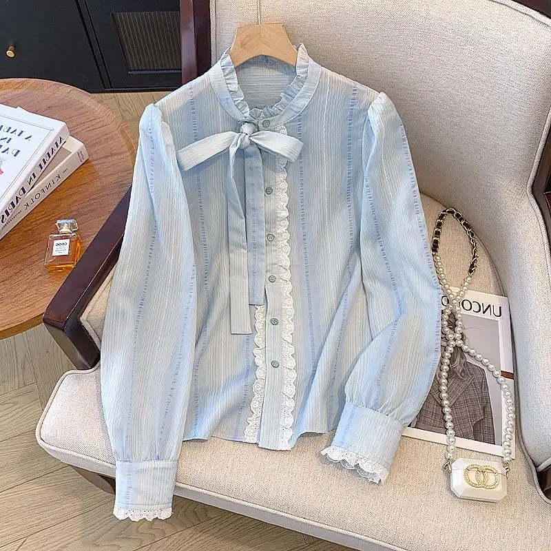

Fashion Women's Striped Striped Band Bow Shirt Women Autumn New Lace Niche Jacket