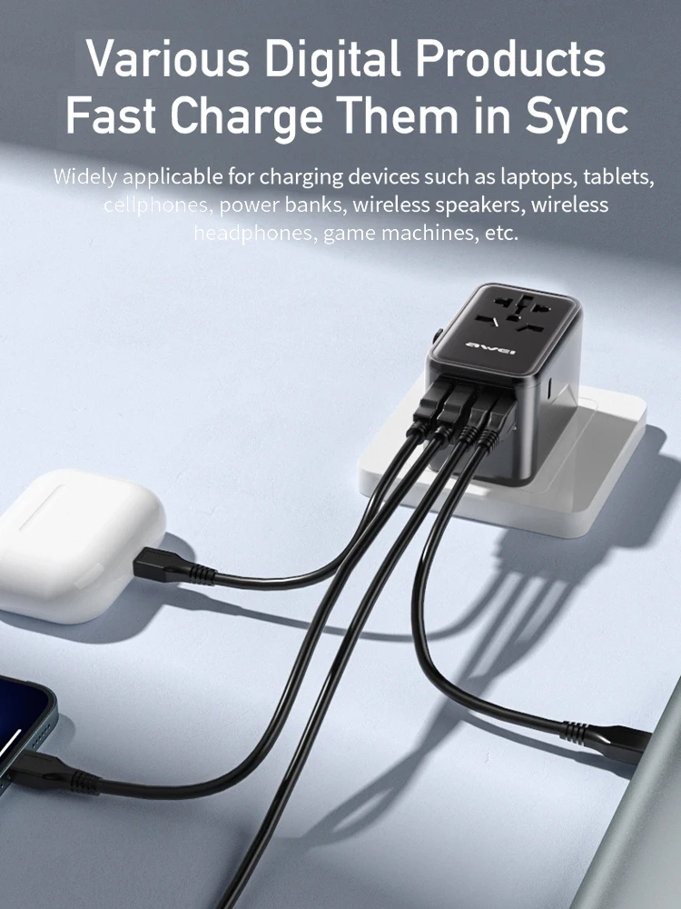 Adaptador de Viagem Universal AWEI-GaN, 65W, 100W, USB, Tipo C, Carregamento Rápido, Adaptador de Plugue Internacional, UE, Reino Unido, EUA, AUS Plug para Viagem