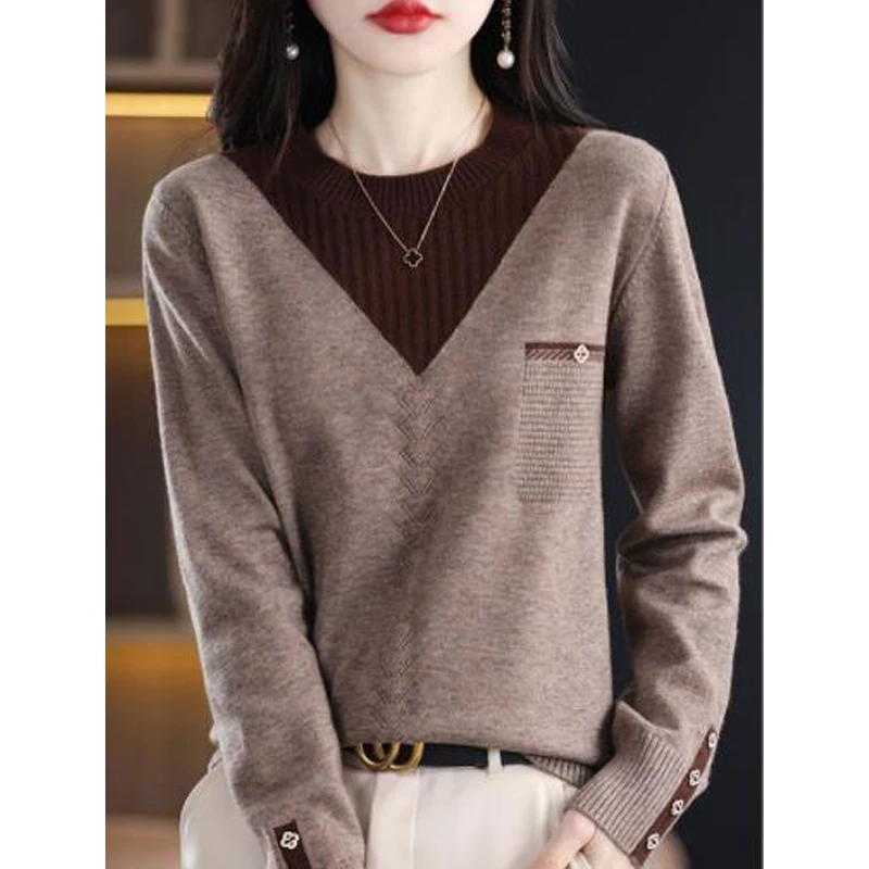 Women Clothing 2023 Autumn Winter Korean Style Patchwork Elegant Chic Knitted Sweaters Casual O Neck Long Sleeve Loose Pullovers