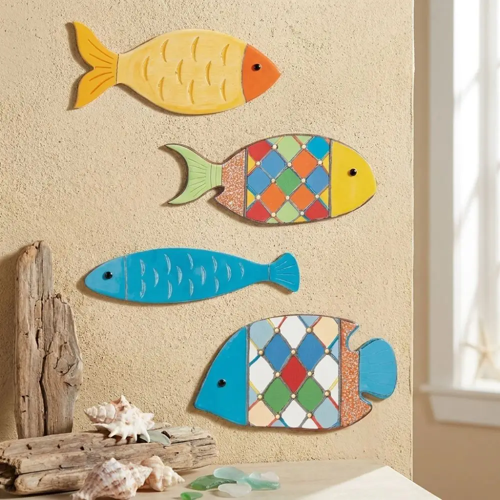 2D Fish Shaped Wood Fish Wall Decor Vintage Style Beach Theme Nautical Fish Art Sculpture School of Fish Rustic Retro