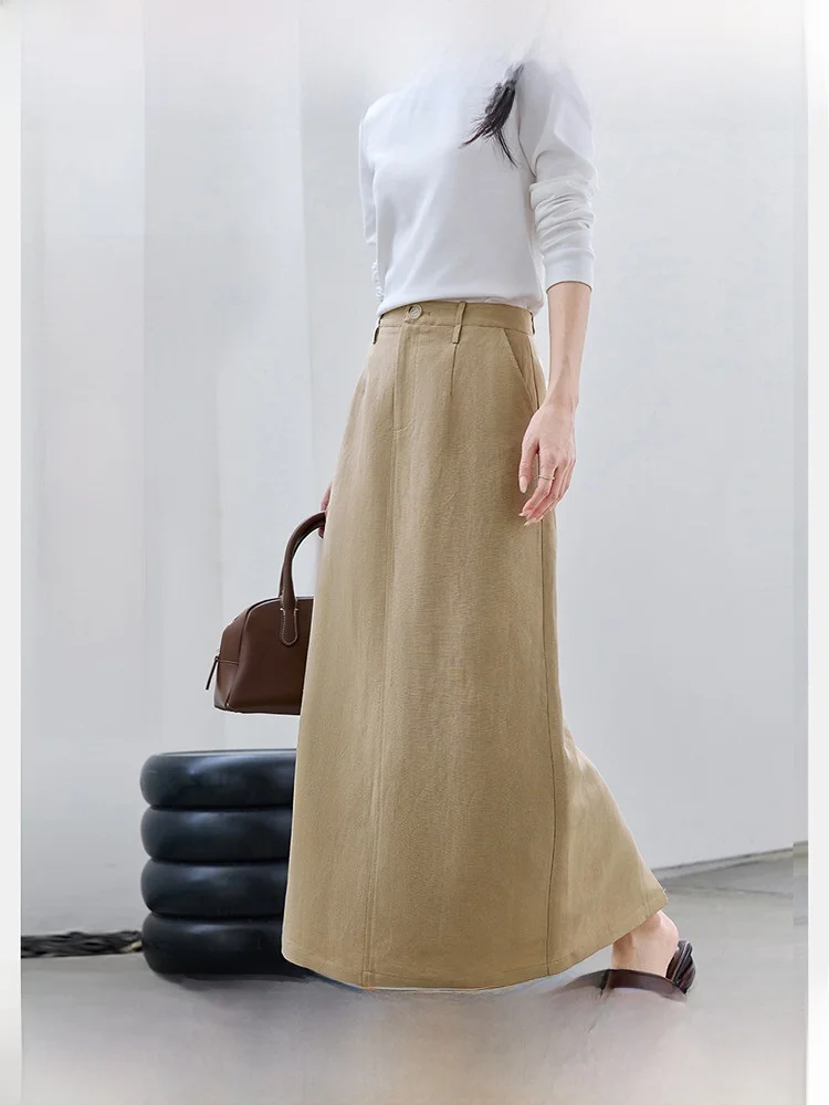 

Элегантная свободная юбка миди прямого кроя для женщин, осень 2025: универсальная, скрывающая недостатки фигуры, стройнящая, H-образная, из льняной смеси