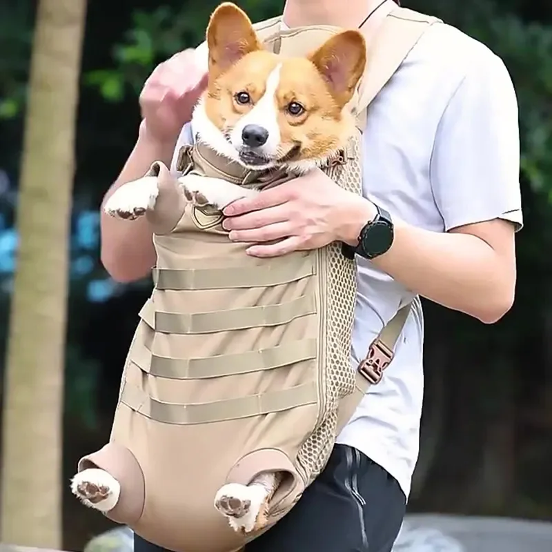 

Backpack for Small Medium Dogs Hands Free Tactical Outdoor Pet Frontpack Soft Breathable Safety Travel Dog Carrier Military Tan