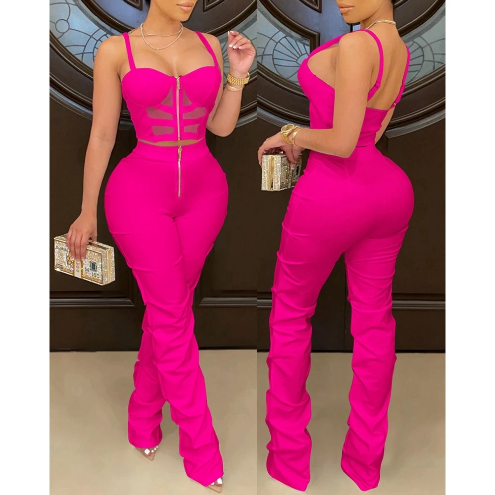 Elegant Women Sheer Mesh Stitching Zipper Front Crop Top & Skinny Long Pants Set Causal Solid Color Two Pieces Suit Sets y2k