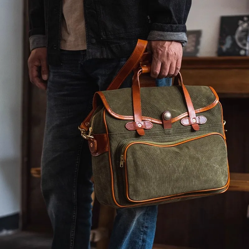 

Fashion Vintage Luxury High Quality Canvas Genuine Leather Men's Briefcase Organizer Designer Work Handbag Travel Messenger Bag