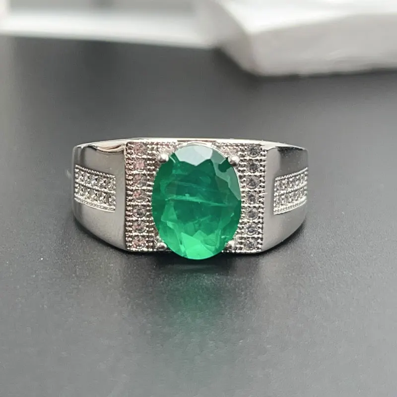 Anillo de piedras preciosas de Color esmeralda para hombres, 8mm x 10mm, cristal crado de laboratorio, anillo de plata 925 con chapado en oro, joyería clásica para hombres