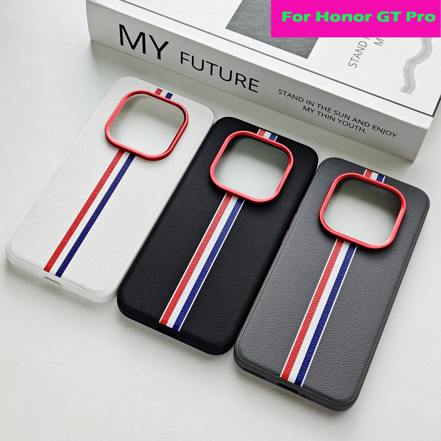 

Трехцветный чехол для телефона в полоску для Honor GT Pro, модный роскошный жесткий чехол из искусственной кожи, прочный противоударный чехол