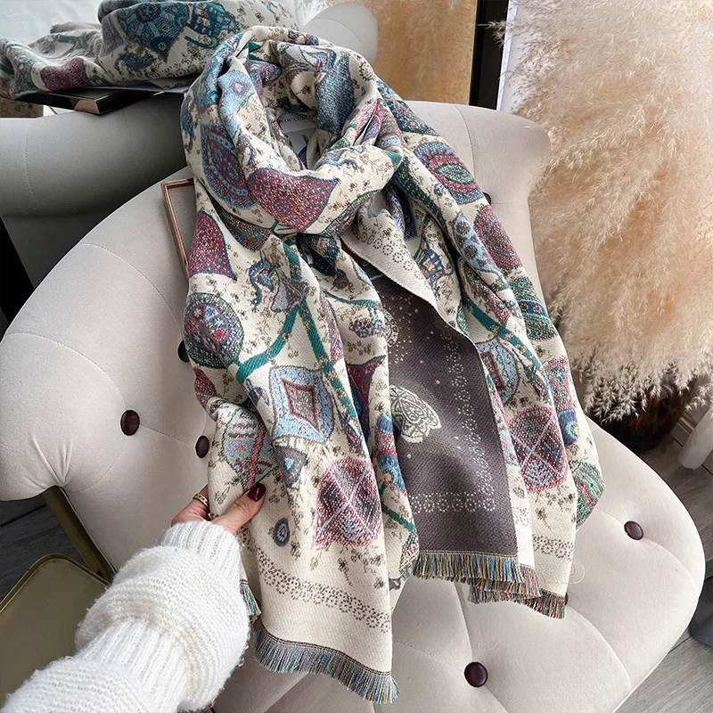 Scarf Women Shawl Wrap Pashmina Vintage Totem Tree Life Double Sided Jacquard Geometric Pattern Autumn Winter Outerwear