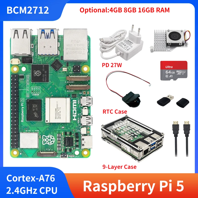 Original Raspberry Pi 5 16GB 8GB 4GB RAM BCM2712 Cortex-A76 2.4GHz 4Kp60 PCIe 2.0 RTC Optional Case Cooler Power Supply for RPi5