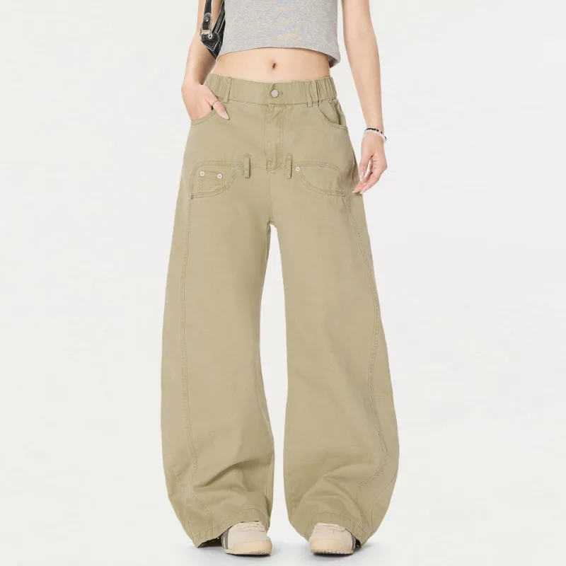 OR FL American Retro Curved Knife 100 Cotton Women Cargo Trousers Design Sense Baggy Lazy Solid Color Wide Leg Pants Y2k Slacks
