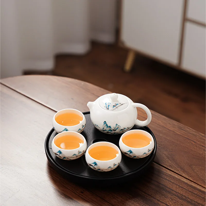 

Белый фарфоровый дорожный чайный сервиз кунг-фу, небольшой портативный домашний уличный керамический чайник, керамическая чашка для чая, поднос для сухого заваривания