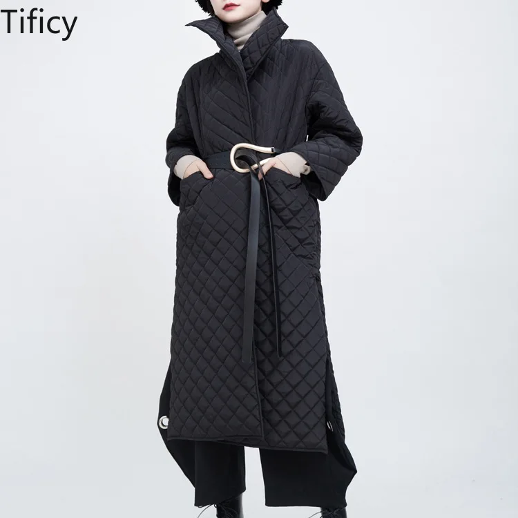 Tificy Spring and Winter Dark Turtleneck Rhombic Quilted Cotton with Open Side Slit Winter Coat Women's Cotton-padded Jacket