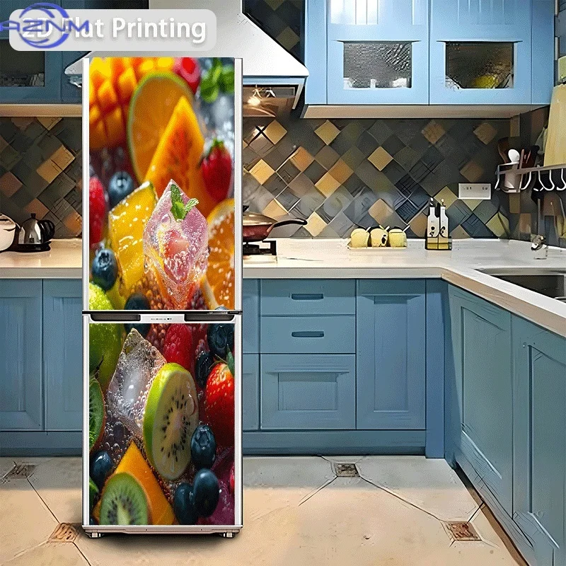 Printing Refrigerator Sticker Chilled Colorful Fruit Platter Theme Scene Wall Decal Self-Adhesive Wallpaper Suitable view 4