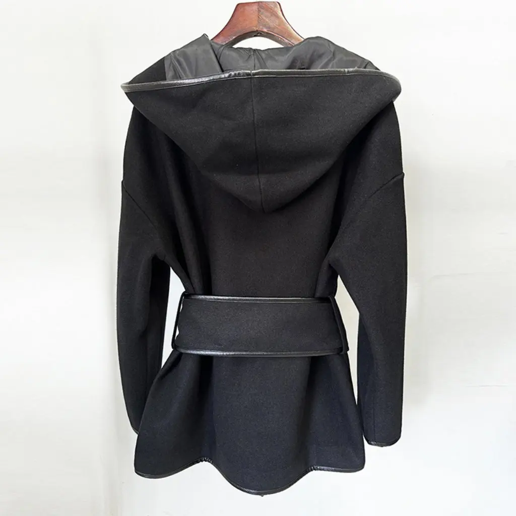

European And American Style Star Hooded Woolen Jacket with Belt Bat Sleeve Mid-Length New Women's Fashion Outerwear