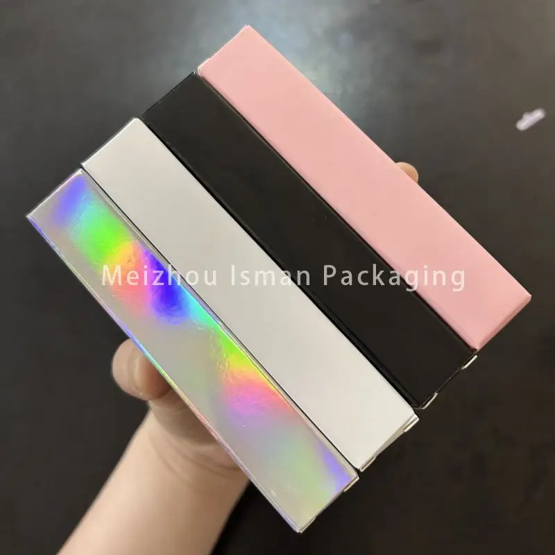 

50Pcs W:20*H110mm pink cosmetic square shiny holographic lip gloss cosmetic box foldable white black paper packaging boxes