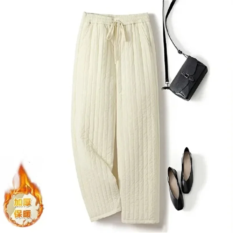 Winter New Drawstring Elastic Waist Slimming Versatile Anti Cold casual Pants Retro Clip Cotton Warm Wide Leg Pants Women's