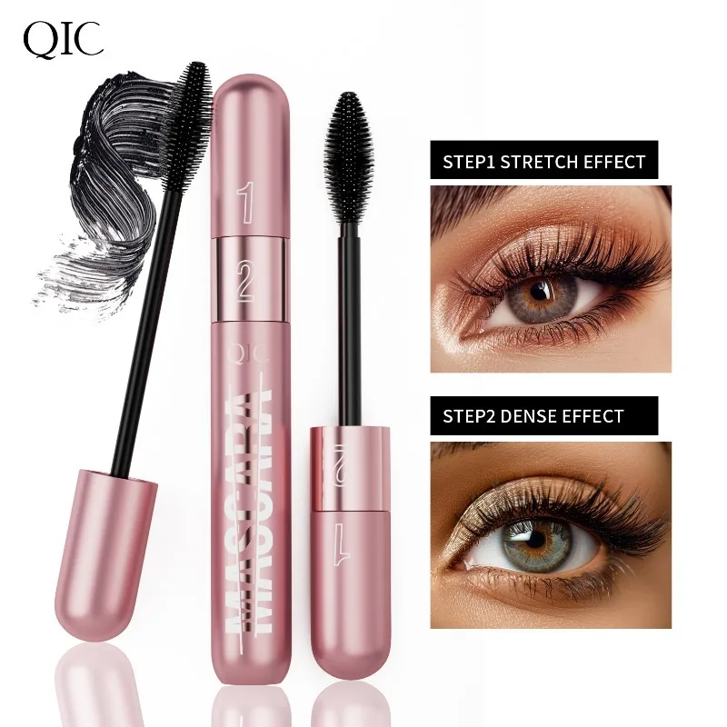 QIC Nowa Różowo-Złota Tusz do Rzęs 2 w 1 z Podwójnym Efektem: Gęsty i Wydłużający, Wodoodporny, Nie Rozmazujący Się, Podkręcający, Narzędzie do Makijażu, 1 sztuka, Prezent