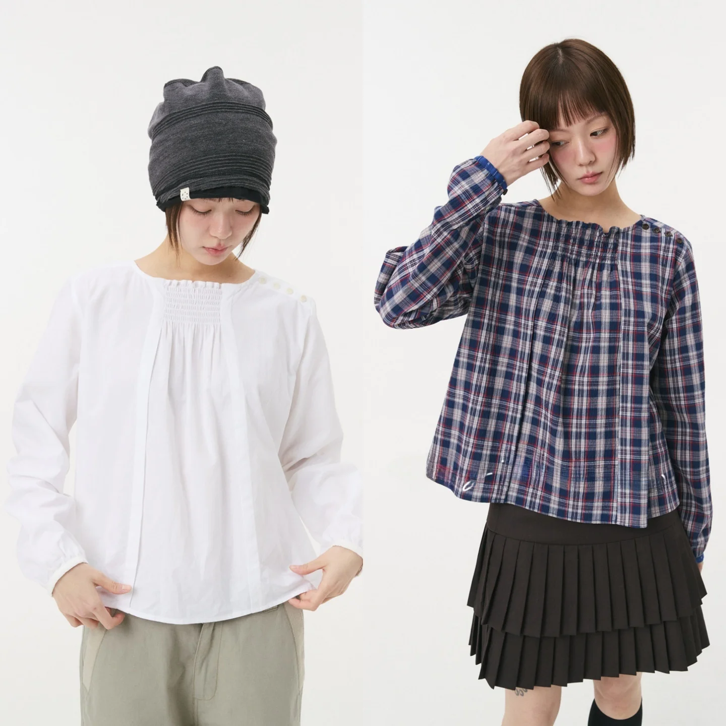 

Japanese Loose Fit Pure Cotton Shirt round Neck Pleated Plaid Commute Elegant Versatile Slimming Top Small Shirt Shirt