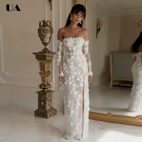 ULBYANRY Elegant Off-the-shoulder High-Slit Party Dress Customized Flower Applique Evening Dress Romantic Long Sleeve Prom Dress