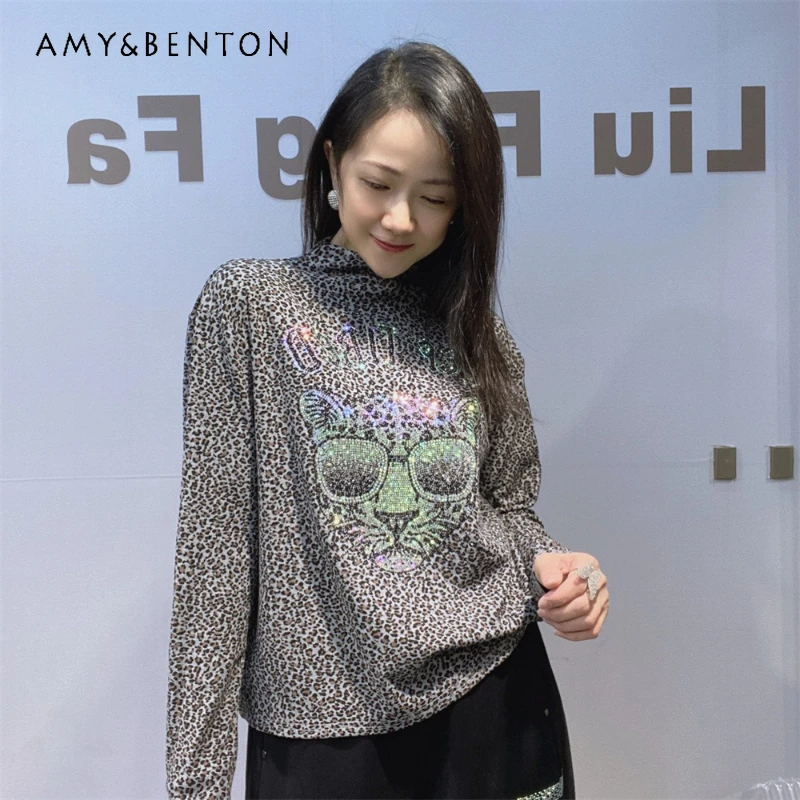 

Retro Rhinestone Long Sleevs Leopard Print T-shirt Loose Brushed Fleece Bottoming Shirt Half High Collar Autumn Inner Wear Tees