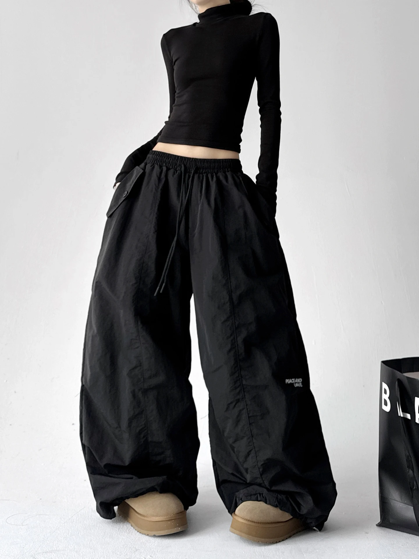 กางเกงคาร์โก้ทรงหลวมสไตล์อเมริกันเรโทรสำหรับผู้หญิง เอวสูง มีเชือกผูก ทรงหลวมสบายๆ ขาตรง