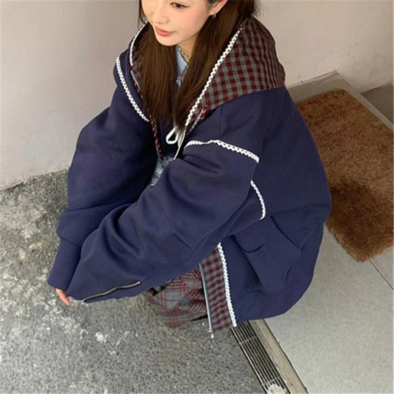 여성 레이스 지퍼 후드티 체크 패치워크 페이크 투피스 스트리트웨어 스웨트셔츠 봄 빈티지 Y2K 하라주쿠 스포츠 후드 코트