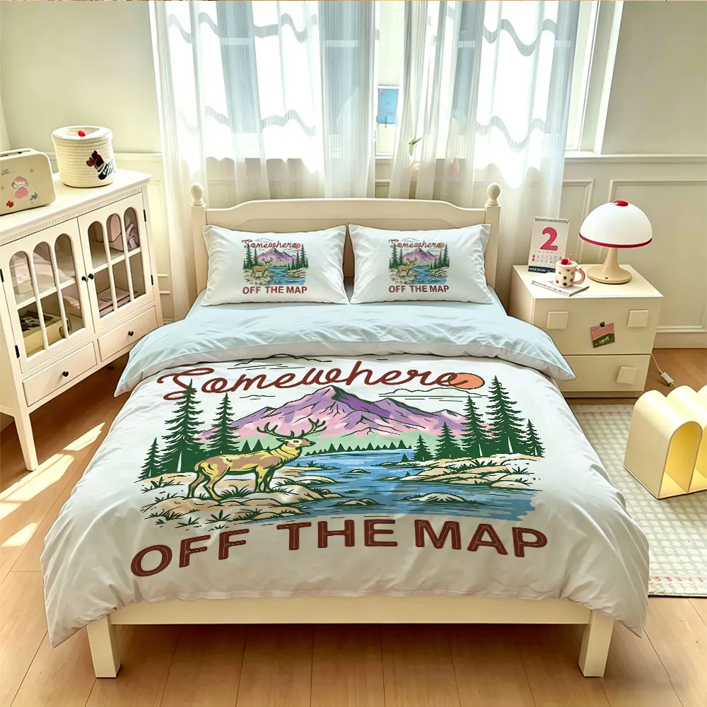 3pcs Forest Camping Printed Duvet Set 1 Duvet Set 2 Pillowcases Holiday Bedding Machine Washable Decoration
